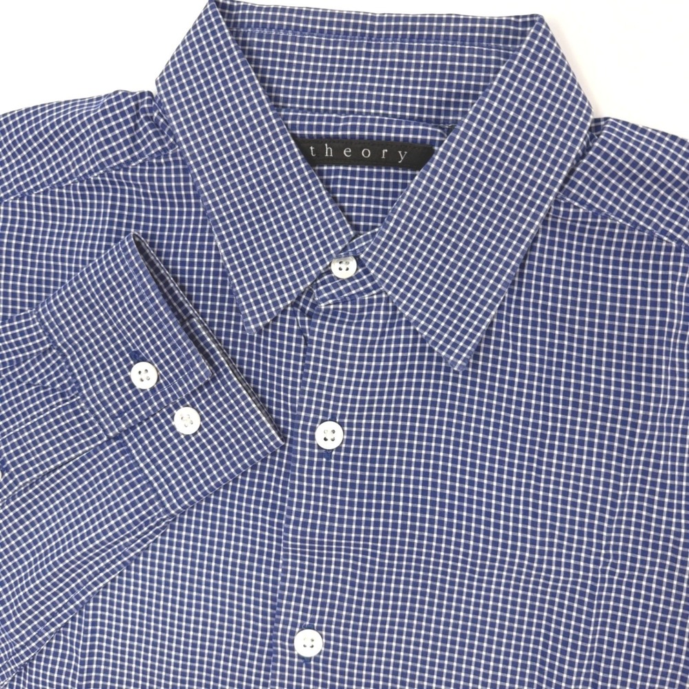 Theory Mens Small Blue Gingham‎ Check Button Down Shirt Long Sleeve Tailored Fit